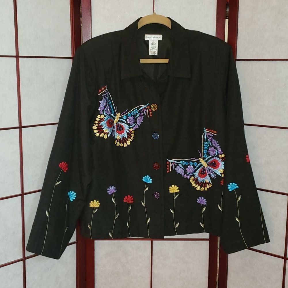 Draper's & Damon's Colorful Butterfly Stitch Black Button Up Jacket